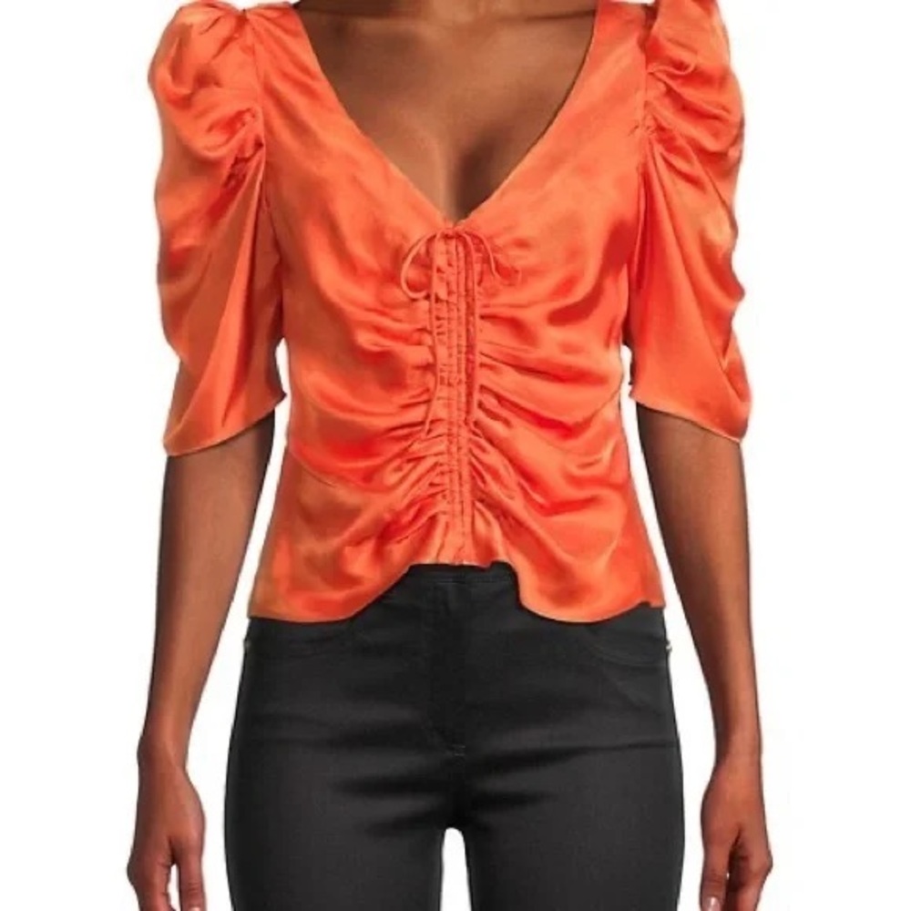 CInq a Sept Orange Betty Ruched Puff Sleeve Blouse Top Size XS